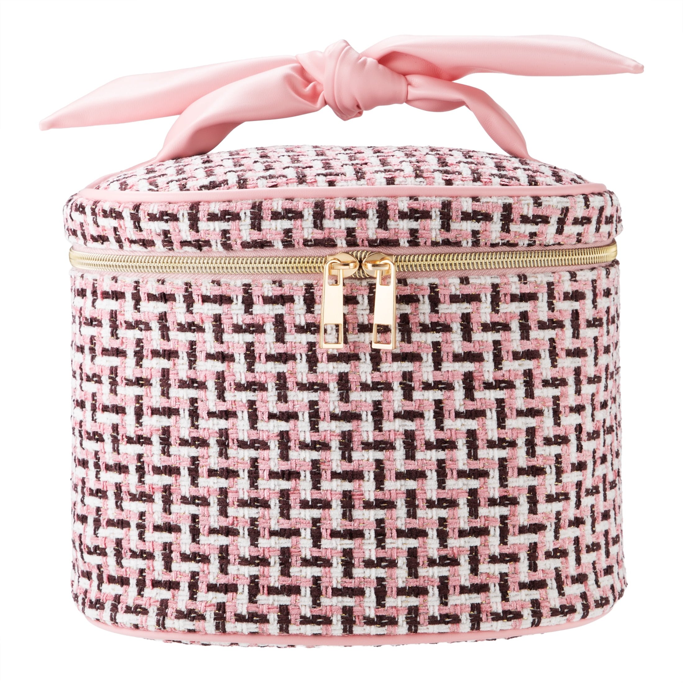 Tweed Cosmetic Bag with Zipper, Pink/Black/White, 9" x 10"