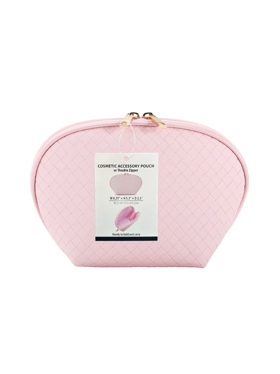 Makeup Bag Cosmetic Pouch with Double Zipper, Baby Pink Basket Weave