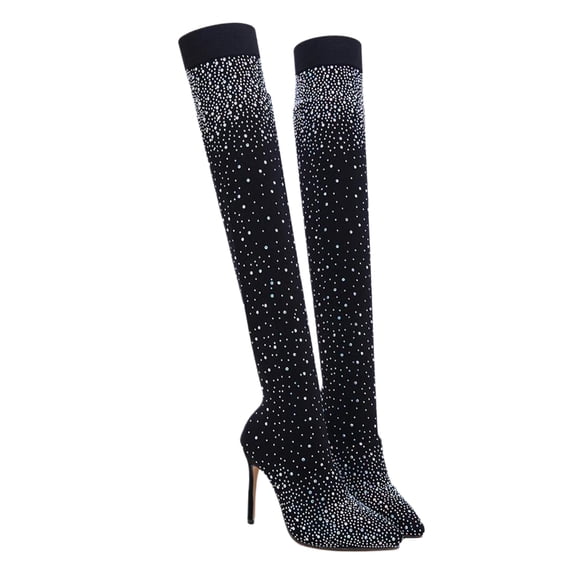 COSMOBETTY Women's 1 Pair Black Over Knee High Heel Boots with Rhinestones, Comfortable Stretch Fabric for Autumn and Winter Wear