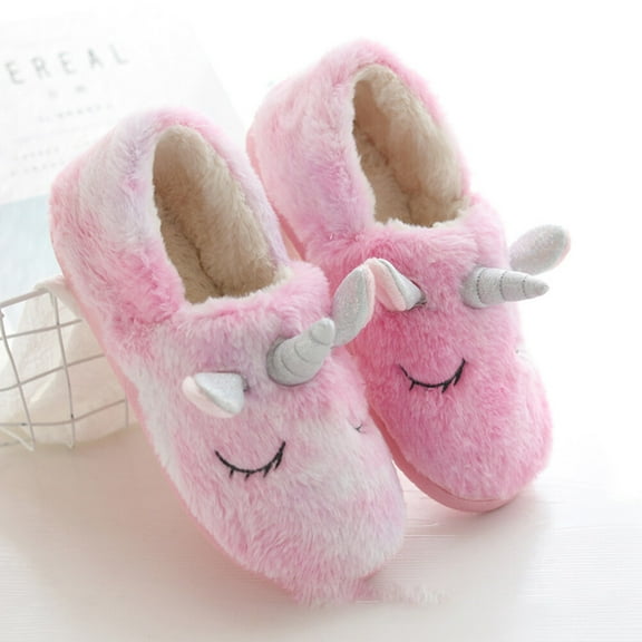 COSMOBETTY 1 Pair Pink Unicorn Shape Plush Non-slip Comfy Slippers for Women Home Use Winter Style 9.6285Inch