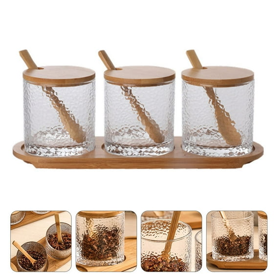 COSMOBETTY 1 Set Hammered Pattern Glass Condiment Jar Bamboo Lid For Cooking Enthusiasts 29x12cm