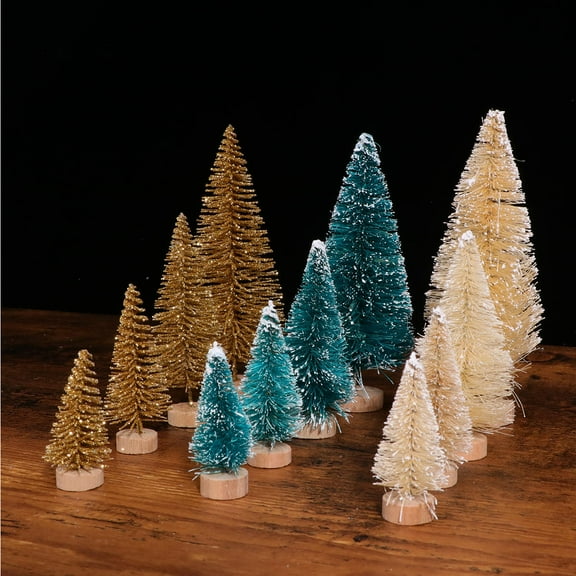 COSMOBETTY 12Pcs Small Craft Pine Trees Sisal Silk Plastic Wooden Base Realistic Christmas Decorations