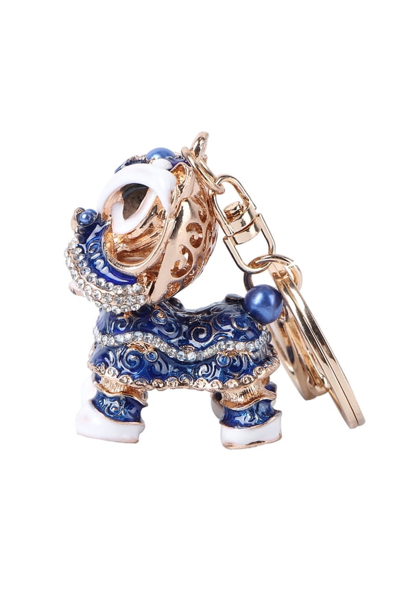 1Pc Rhinestone Cartoon Keychain Blue Crystal Metal Chinoiserie Style Lion Shape Key Pendant 4.7x3.1in