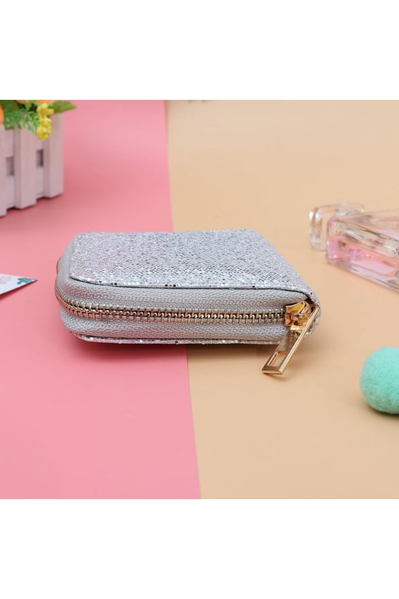 1Pcs Glitter Zip Purse Silver Polyester Slim Profile for Girls Women