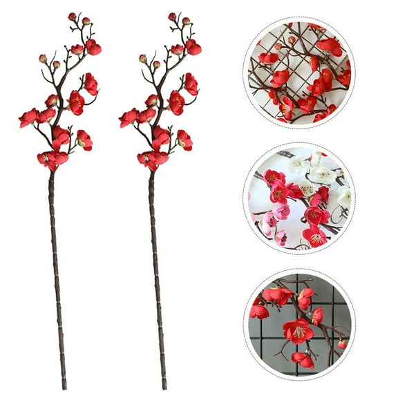 COSMOBETTY 2Pcs New Artificial Flowers Decor Chinese Plum Flower Red Cloth Wedding Home Decoration