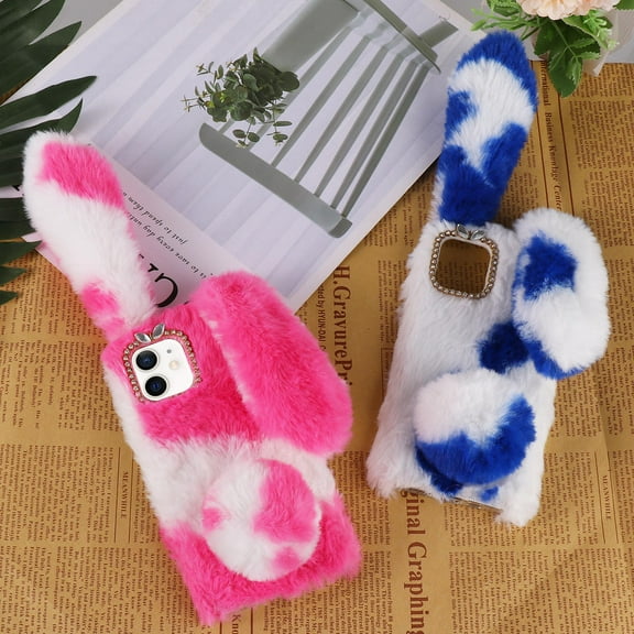 COSMOBETTY Fluffy Rabbit Shaped Cellphone Case in Pink, TPU and Plush, Protective Phone Cover for Phone Protection, 1Pc