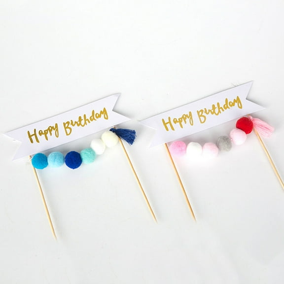 COSMOBETTY Happy Birthday Cake Topper with Pompons Design for Kids Party and Birthday Decorations Assorted Color