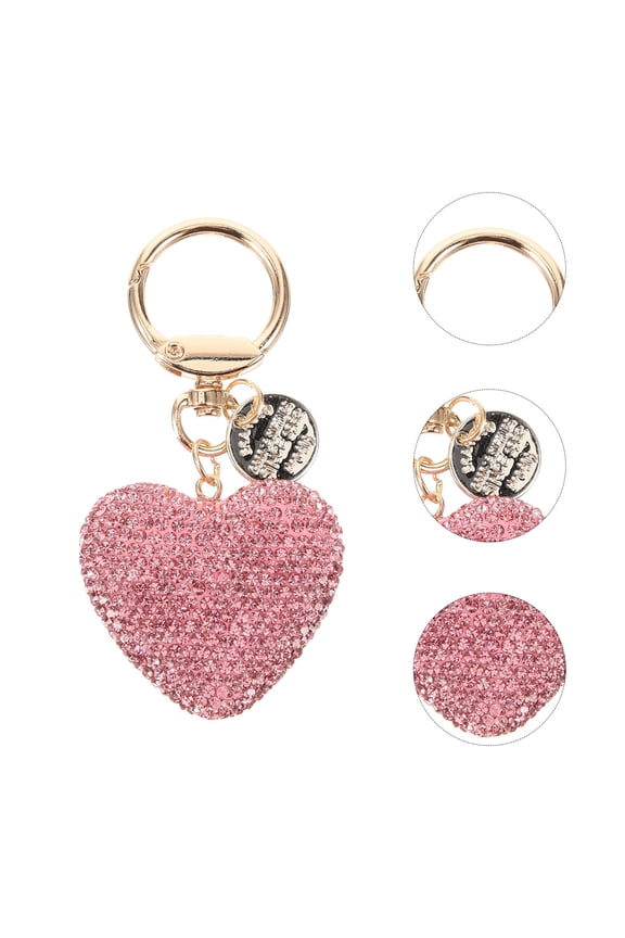 Key Chain Charm Pink Diamond Encrusted Metal Heart Shaped Bag Pendant for Friends 1Set
