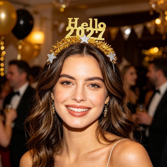 COSMOBETTY 2027 New Year Headband Tiara in Golden for Festive Celebrations