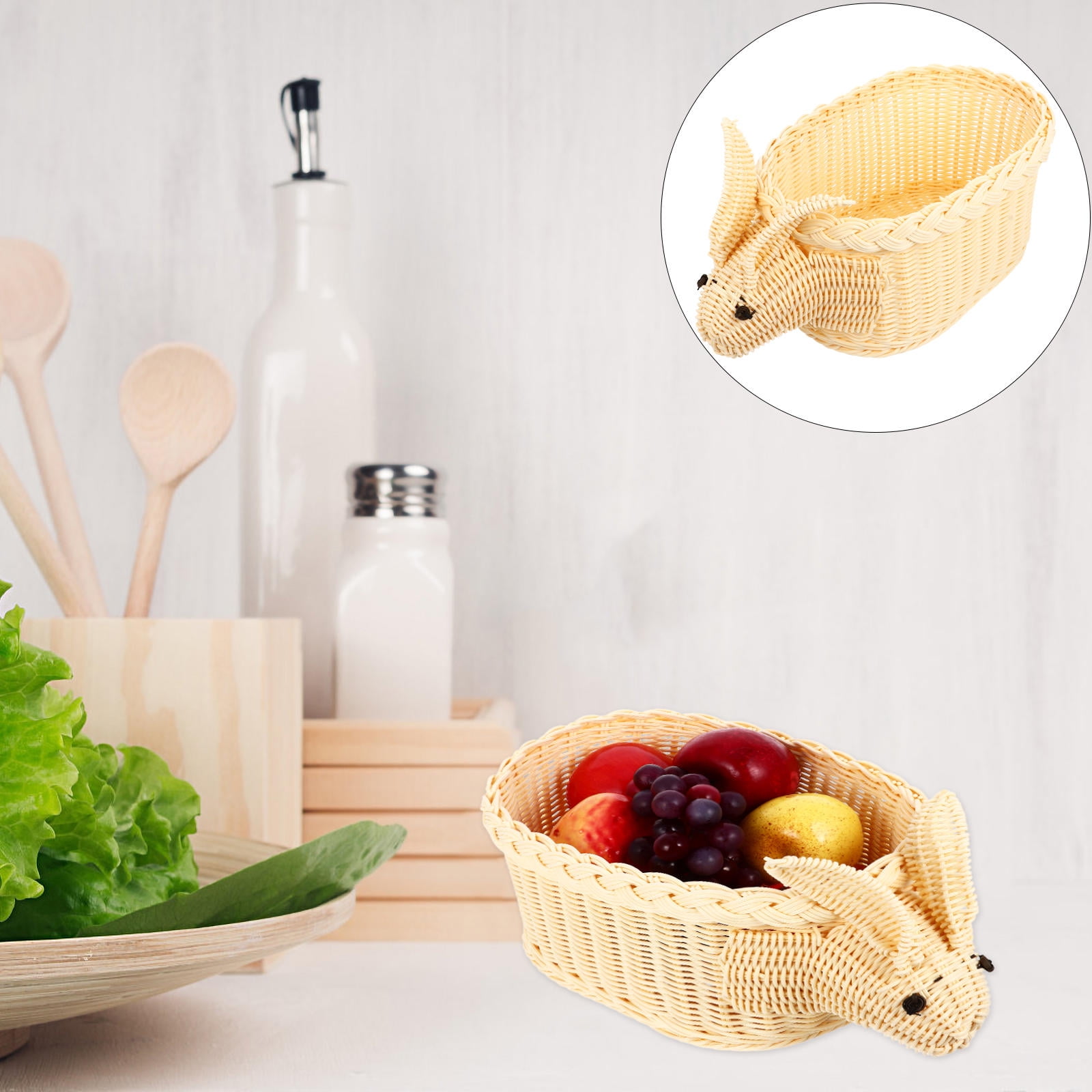 COSMOBETTY Rabbit Shaped Rattan Woven Basket Beige L Size for Easter Celebration 1Pack
