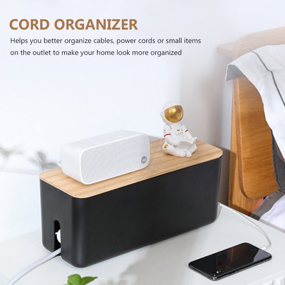 COSMOBETTY Plastic Cable Management Box with Wooden Lid, Cord Organizer Wire Hider Case for , Home Office Desk