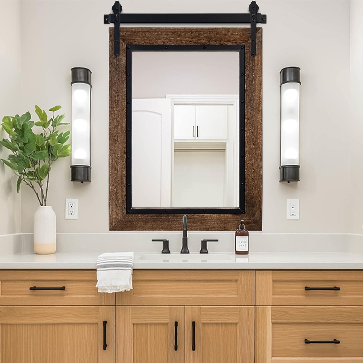 Rustic Barn Door Style Wood Bathroom Vanity Mirror, 32" x 24"