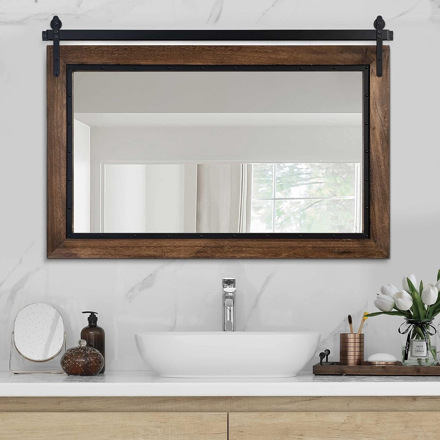 COSMOGO Rustic Barn Door Style Natural Wood Bathroom Wall Vanity Mirror