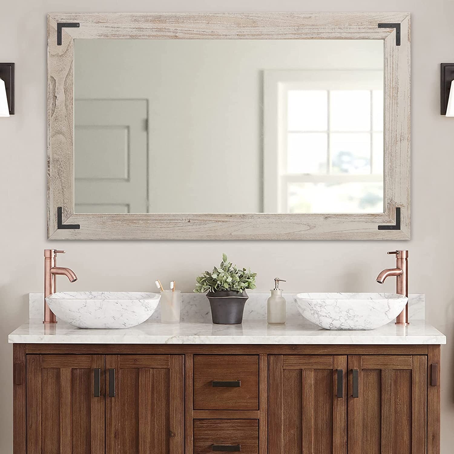 COSMOGO Rustic Wooden Framed Wall Mirror, Natural Wood Bathroom Vanity
