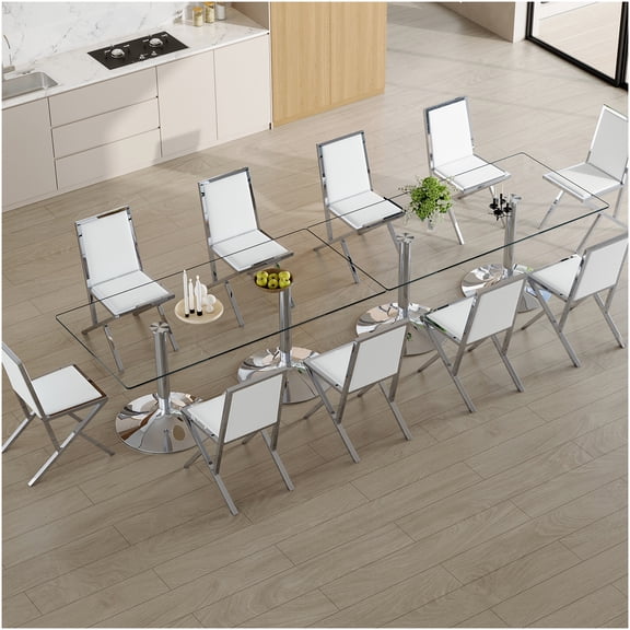 COSMOS 10-Piece Modern Dining Set with Tempered Glass Table & Silver Metal Chairs for Large Gatherings