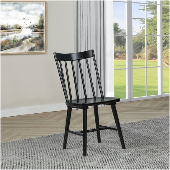COSMOS 2-Pack Black Windsor Side Chairs, Solid Wood Dining Chairs with Contoured Back for Kitchen, Dining Room, Farmhouse