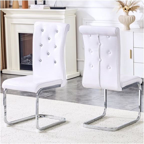 COSMOS 2-Pack Retro White Alligator Grain Dining Chairs with Crystal Buttons & Chrome Legs - Elegant PVC Leather Upholstered Seating