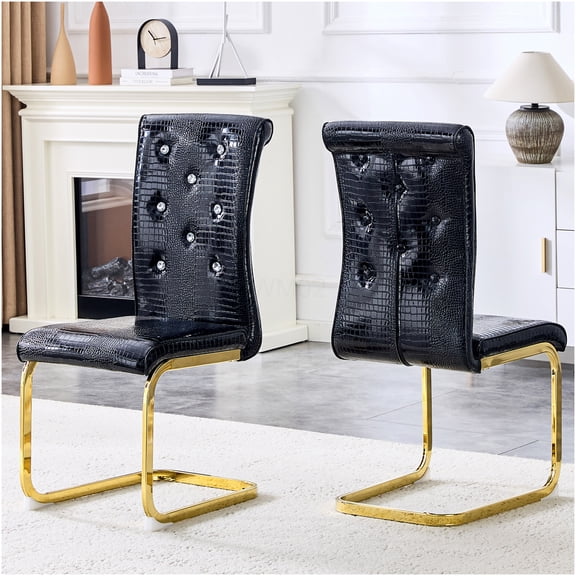 COSMOS 2-Piece Set of Retro Alligator Embossed Dining Chairs with Crystal Buckle & Gold Bow Legs