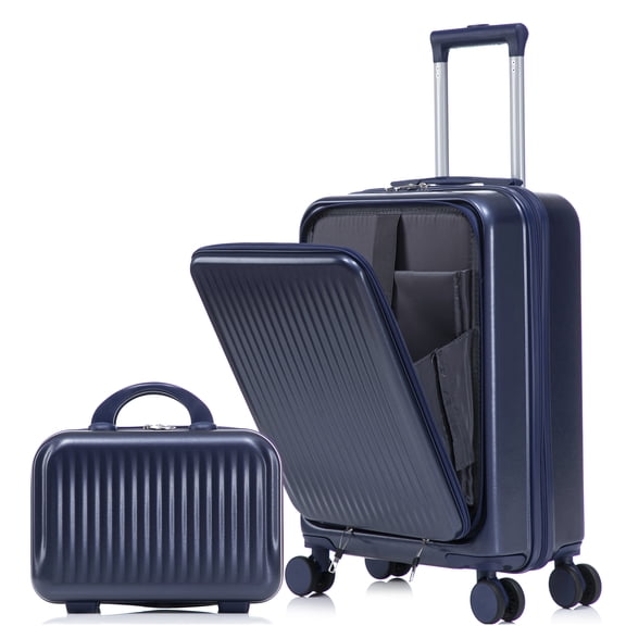 COSMOS 20 Inch &; 14 Inch ABS Hard Shell Luggage Set, Navy Blue Spinner Suitcase with Front Pocket and Lock