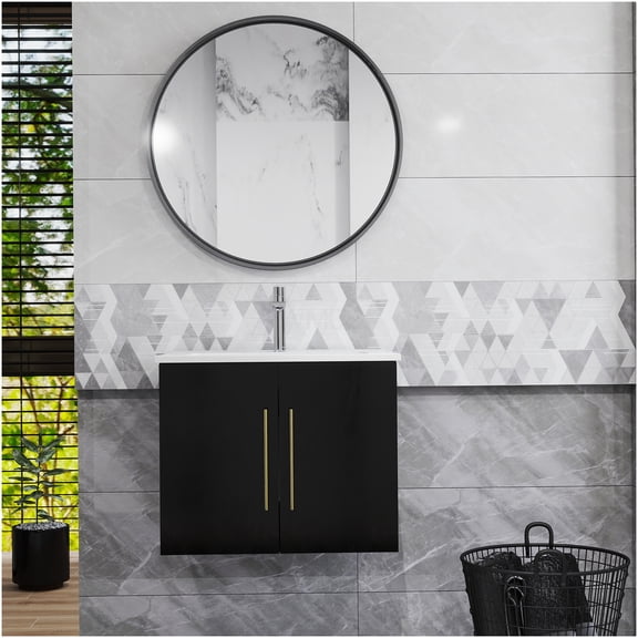 COSMOS 24 Inch Bathroom Vanity Wall Mounted with Sink, Soft Close Doors, Glossy Black and Gold Handle, Modern Storage Cabinet