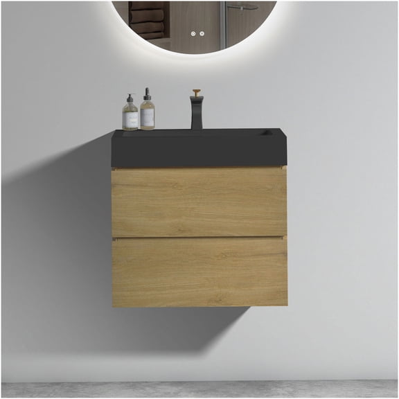 COSMOS 24 Inch Floating Bathroom Vanity with Sink, Light Oak Wall Mount Vanity with Soft Close Drawers, Modern Storage Cabinet with Black Basin for Powder Room