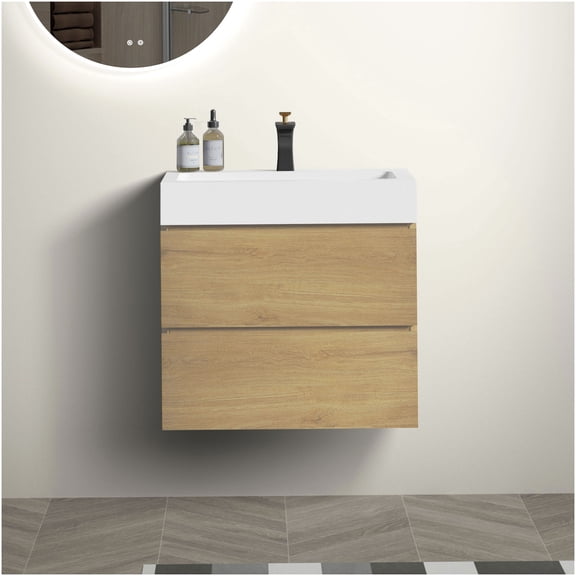 COSMOS 24 Inch Floating Bathroom Vanity with Sink, Modern Wall Mount Oak Vanity with Double Soft Close Drawers, Pre-Assembled Storage Cabinet for Bathroom