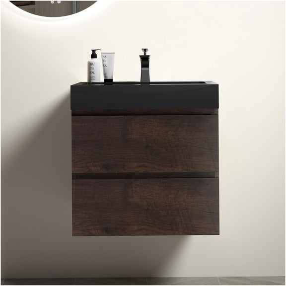 COSMOS 24 Inch Floating Bathroom Vanity with Sink, Walnut and Black Modern Wall Mount Cabinet with Soft Close Drawers, Pre-Assembled Storage for Bathroom