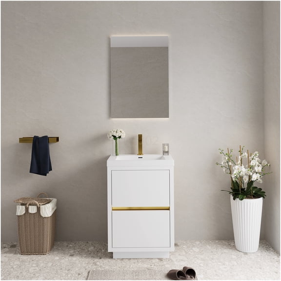 COSMOS 24 Inch Glossy White Bathroom Vanity with Sink, Pre-Assembled Freestanding Cabinet with Stone Resin Countertop, Soft Close Drawers