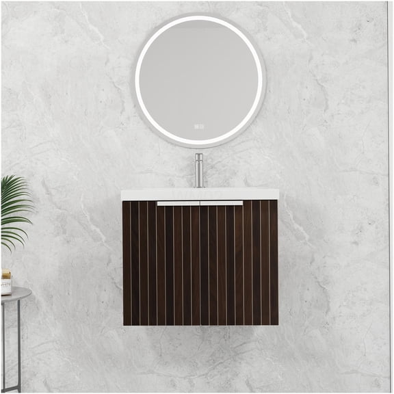 COSMOS 24" Modern Bathroom Vanity with Resin Sink, Floating Wall Mount Design, Soft Close Doors, Silver Brown Stripe Finish