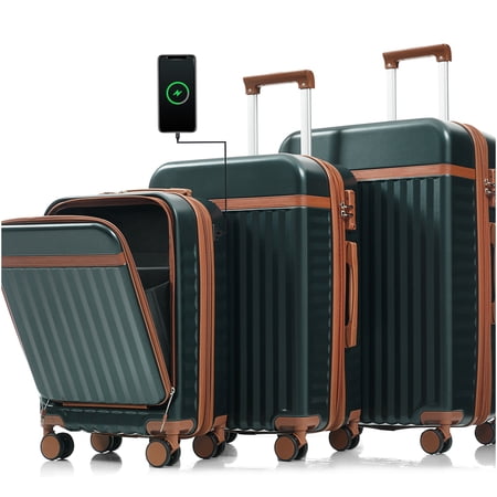 COSMOS 3-Piece ABS Spinner Luggage Set with USB Charger, Front Loader Carry-On, TSA Lock, Dark Green Hardshell Suitcases for Men and Women