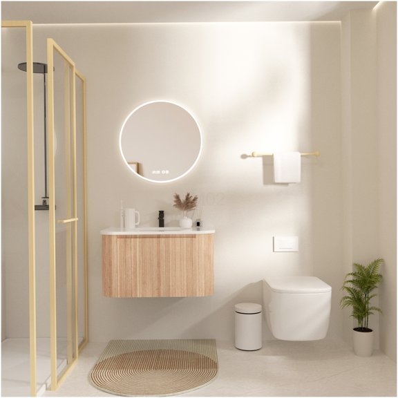 COSMOS 30 Inch Floating Bathroom Vanity with Sink, Wall Mounted Modern Curved Design, Wave Texture Wood Finish, Soft Close Drawer, Integrated Marble Basin for Space Saving Storage