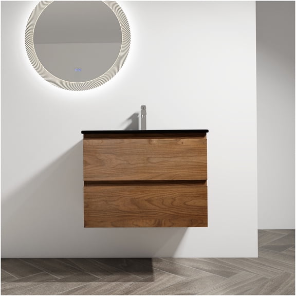 COSMOS 30 Inch Floating Bathroom Vanity with Black Ceramic Sink, Soft Close Drawers, Modern Brown Oak Finish