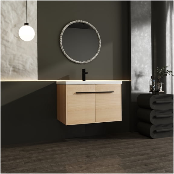COSMOS 30 Inch Oak Bathroom Vanity with Sink, 2-Door Storage Cabinet with Resin Countertop for Modern Bathroom