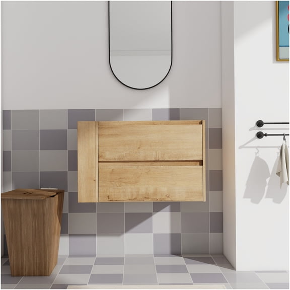 COSMOS 30 Inch Wall Mount Bathroom Vanity with Soft Close Drawers and Side Shelf, Modern Oak Finish