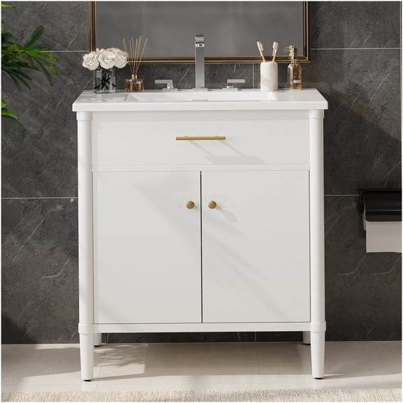 COSMOS 31 Inch White Bathroom Vanity with Sink, Soft Close Cabinet, Curved Design, Modern Storage Solution for Small Spaces