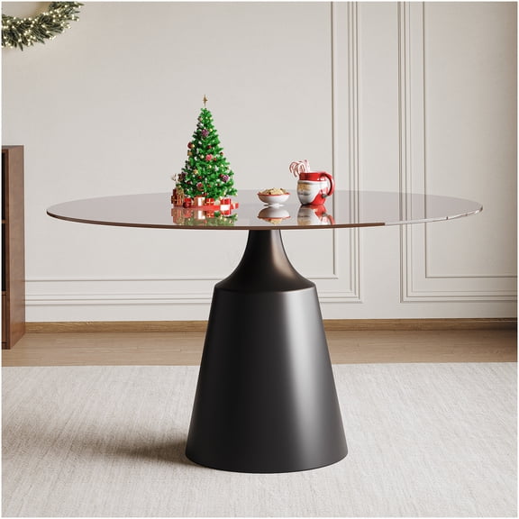 COSMOS 35 Inch Round Pedestal Dining Table, Mid-Century Modern Style with Tempered Black Glass Top for Small Space Kitchen, Apartment, Bistro