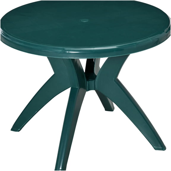 COSMOS 36.25 Inch Round Outdoor Patio Table with Umbrella Hole, Lightweight Plastic Bistro Dining Table for Garden, Poolside, Balcony, Porch in Green