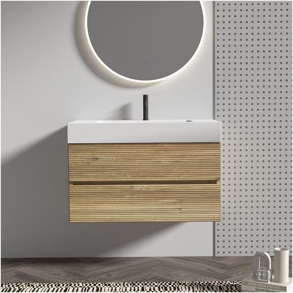 COSMOS 36" Floating Oak Bathroom Vanity with White Quartz Sink and Soft-Close Drawers, Wall Mount Modern Vanity with One-Piece Basin, Easy Assembly