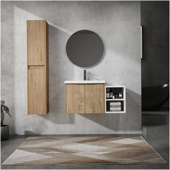 COSMOS 36 Inch Floating Bathroom Vanity Set with Resin Sink and Soft Close Doors, Imitative Oak Wall Mounted Storage Cabinet Combination