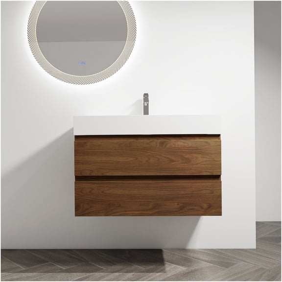 COSMOS 36 Inch Floating Bathroom Vanity with Resin Sink, Soft Close Drawers, Brown Oak Finish