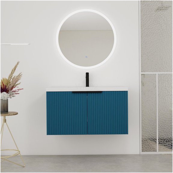 COSMOS 36 Inch Lake Blue Modern Floating Bathroom Vanity with Resin Sink and Soft Close Doors