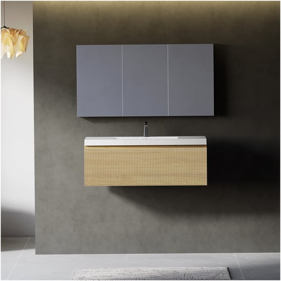 COSMOS 36 Inch Modern Floating Bathroom Vanity with Integrated Sink, Soft Close Drawer Storage Cabinet in Natural Oak and Glossy White