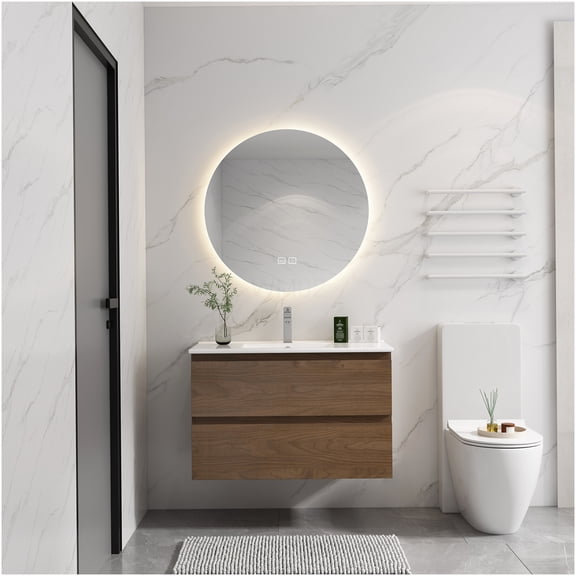 COSMOS 36 Inch Modern Wall Mount Bathroom Vanity with Ceramic Sink, Soft Close Drawers, Brown Oak Finish