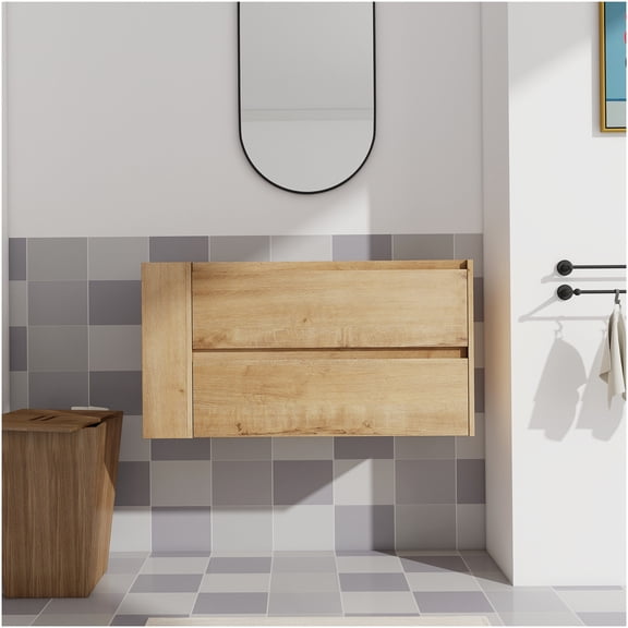 COSMOS 36 Inch Wall Mount Bathroom Vanity with Soft Close Drawers and Side Shelf, Imitative Oak Finish