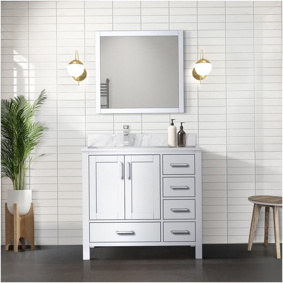 COSMOS 36 Inch White Bathroom Vanity with Carrara Marble Top, Soft Close Drawers and Storage Cabinet