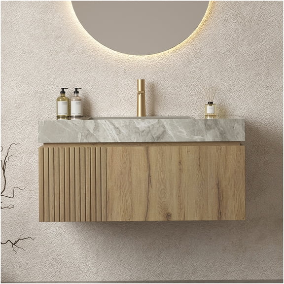COSMOS 36 inch Floating Bathroom Vanity with Sink, Wall Mounted Storage Cabinet with Drawer, Light Gray Stone Countertop, White Oak Finish