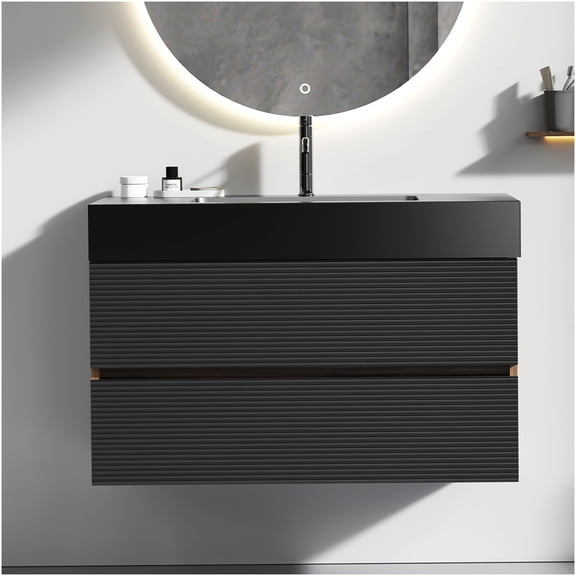 COSMOS 36 inch Walnut Floating Bathroom Vanity with Black Quartz Sink, Soft Close Drawers, Wall Mount Storage Cabinet for Modern Powder Room