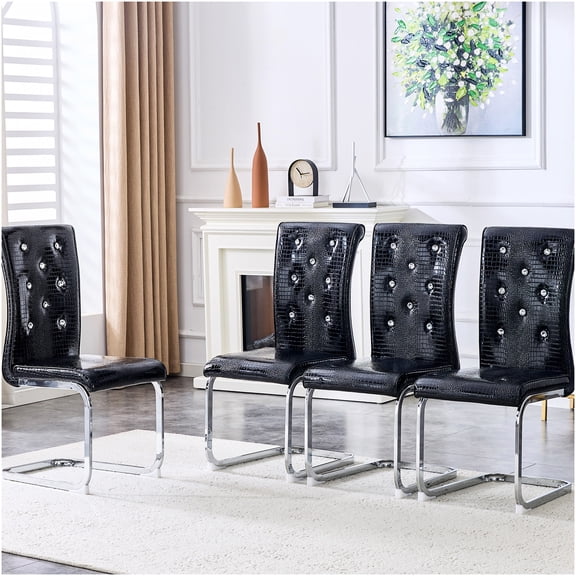 COSMOS 4-Pack Black Alligator Skin Pattern Dining Chairs with Crystal Buckle Accents and Bow Legs