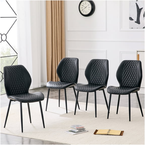 COSMOS 4 Pack Black Diamond Tufted PU Dining Chairs with Metal Legs, Modern Upholstered Side Chairs for Kitchen, Restaurant, Cafe