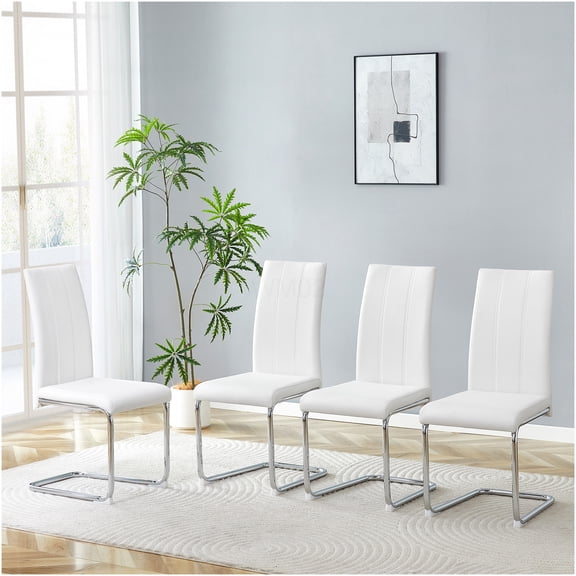 COSMOS 4-Pack Modern White Dining Chairs, PU Upholstered Side Chairs with Chrome Metal Legs for Kitchen, Dining Room, Living Room